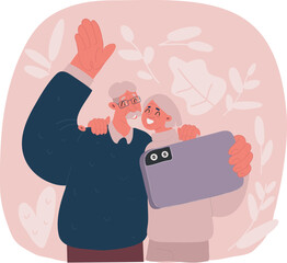 Vector illustration of Grandparents standing together take photo or chating
