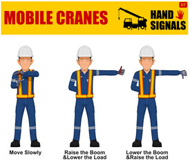 Set of worker present mobile cranes hand signal on white background