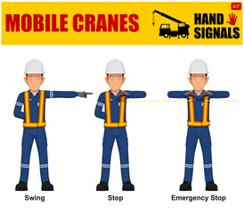 Set of worker present mobile cranes hand signal on white background