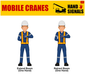 Obraz na płótnie Canvas Set of worker present mobile cranes hand signal on white background