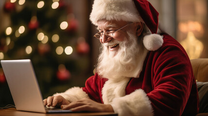 portrait of Santa Claus using laptop by Christmas tree and smiling