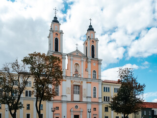 Kaunas, Lithuania - 07 26 2023: Church of St. Francis Xavier in Kaunas (Šv. Pranciškaus Ksavero bažnyčia). The church in the Town Hall Square in the Old Town of Kaunas 