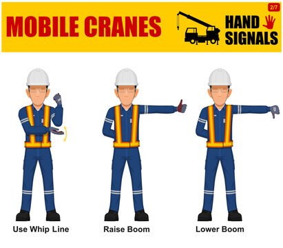 Set of worker present mobile cranes hand signal on white background