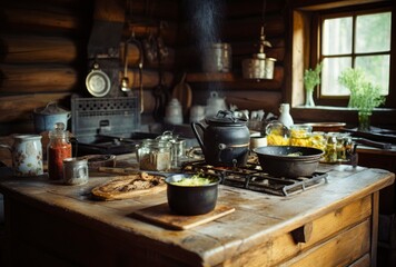 Old time village kitchen. Rustic cooking accessories in antique pantry, Generative AI