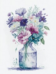 Flowers watercolor painting, glass jar with wildflowers and leaf, floral clip art, isolated on white, generative ai