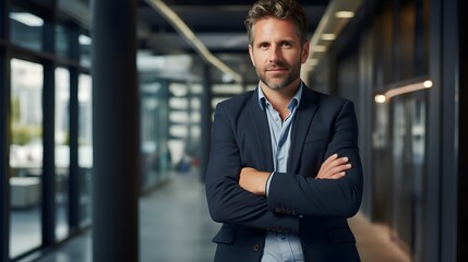 Fototapeta premium Happy middle aged business man ceo standing in office arms crossed