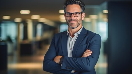 Fototapeta premium Happy middle aged business man ceo standing in office arms crossed