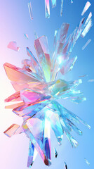 Broken glass prism through which sunlight passes and falls on plain pastel rainbow magenta surface....