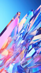 Broken glass prism through which sunlight passes and falls on plain pastel rainbow magenta surface. Abstract colorful background. 