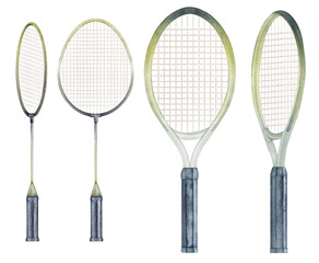 Sports equipment set, racquet for tennis, for badminton. Watercolor illustration on a white isolated background. Athletic lifestyle, sport design. Clipart