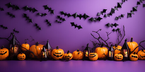 Halloween decoration pumpkin lamps decorated on purple background with dried tree, Halloween background with carved pumpkin lamps and candles, generative Ai
