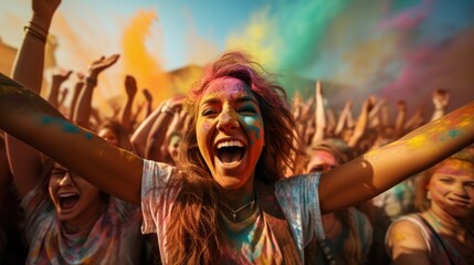 A big group of young people cheering and celebrating outside summer festival in the daytime laughing with joyful joy splashing colors Holi festival