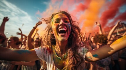 Obraz premium A big group of young people cheering and celebrating outside summer festival in the daytime laughing with joyful joy splashing colors Holi festival