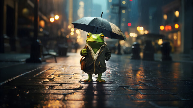 illustration d'une grenouille avec un parapluie car il pleut beaucoup trop, m&ecirc;me pour une grenouille
