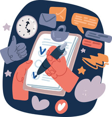 Cartoon vector illustration of clipboard checklist productivity hand check