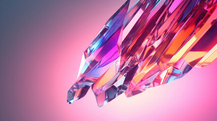 Broken glass prism through which sunlight passes and falls on plain pastel rainbow magenta surface. Abstract colorful background. 