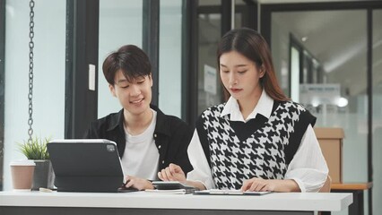 Friends of Asian MBA student researching data of thesis project, education online college courses, accredited degree programs, english chinese languages classroom, affordable regionally accredited