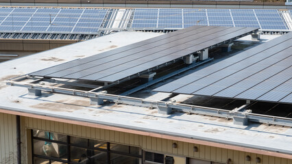 A shot of the solar panels on the roof of Yotsuya Train Station located beside Sophia University, Japan. 