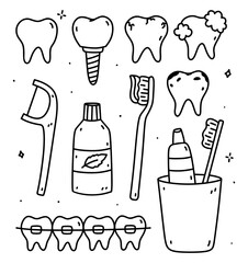 Dental care doodle set. Healthy and diseased teeth, braces, implants, toothbrush, toothpaste, floss, mouthwash. Oral hygiene. Vector hand-drawn illustration isolated on white background.