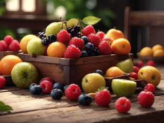 Fruit on the wood table,Flavors of the Earth,Each bite tells a story of the earth's richness and the season's finest flavors. Created with ai.