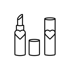Pomade. Lovely lipstick with a heart. Girls cosmetics. Glitter for good barbie. Pink color. Vector illustration in doodle style