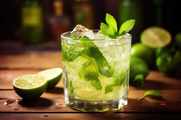 Glass of caipirinha cocktail on table