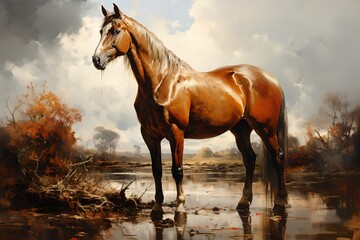 Obraz na płótnie Canvas Painting horse in a field, generative ai