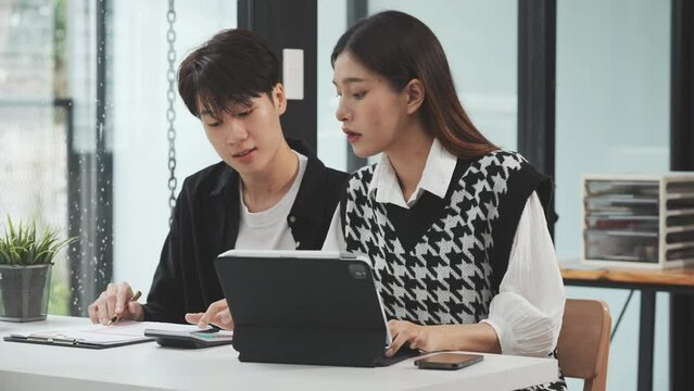 Friends of Asian MBA student researching data of thesis project, education online college courses, accredited degree programs, english chinese languages classroom, affordable regionally accredited