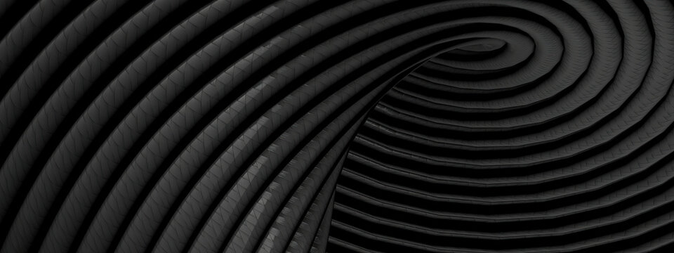 A background of an Elegant and Modern 3D Rendering image of a dark grey carbon fiber cable in the center of a swirl