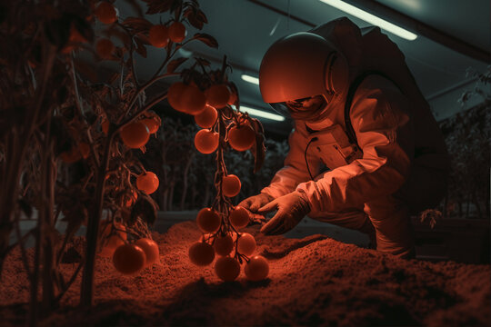 Astronaut planting tomato plants. Planet Mars colonization concept. 