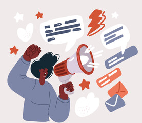 Vector illustration of afro woman shouts into a megaphone.