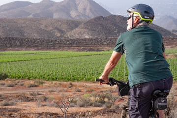 Back view of senior man with helmet on his electric bike hiking outdoors among vineyards. Sporty...