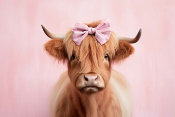 Cute Highland cattle cow with ribbon on pink background