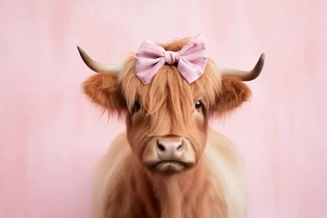 Poster de jardin Highlander écossais Cute Highland cattle cow with ribbon on pink background