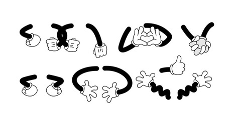 Retro cartoon arms gestures and hands poses. Comic funny character hands in glove. Vector illustration