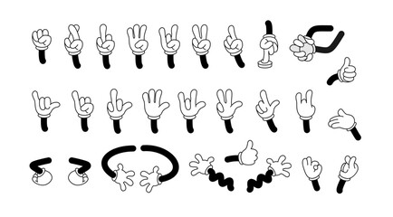 Big set of retro cartoon arms gestures and hands poses. Comic funny character hands in glove. Vector illustration