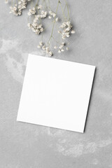 Square paper card mockup with dry gypsophila flowers on grey background, greeting or invitation card
