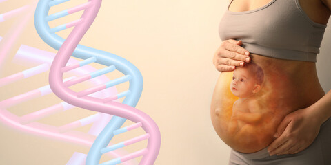 Noninvasive prenatal testing (NIPT). Double exposure of pregnant woman and little baby, banner design. Illustration of DNA structure on beige background - obrazy, fototapety, plakaty