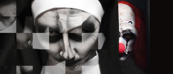 Hallucinations. Devilish nun and scary clown on black background, distorted image. Banner design