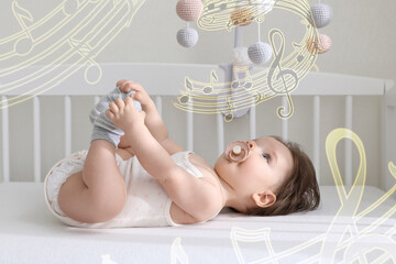 Songs for baby. Cute little child in crib at home. Illustration of flying music notes around child