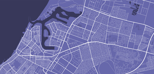 Detailed vector map poster of Ajman city, linear print map. Purple skyline urban panorama.