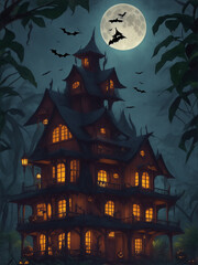Fototapeta na wymiar A Halloween house in deep jungle, moon night, flying bat on sky, showing ghost in front house
