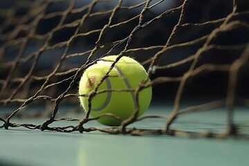 Macro view of yellow tennis ball in net on hard tennis court.