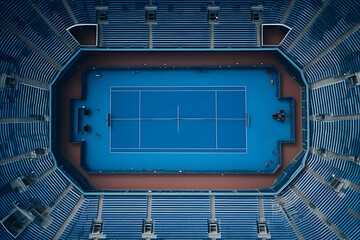 Top view of stadium with blue tennis court and empty seats before tournament starting.
