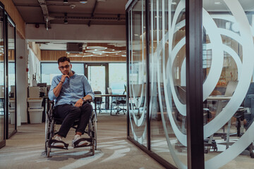 Naklejka na ściany i meble In a large modern corporation, a determined businessman in a wheelchair navigates through a hallway, embodying empowerment and inclusivity in the corporate world.