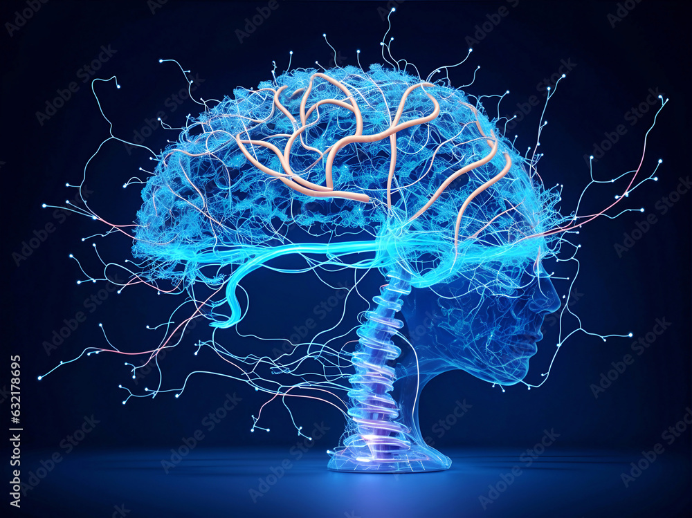 Poster human brain showing intelligent thinking processing. cyber mind concept a neural network of big data
