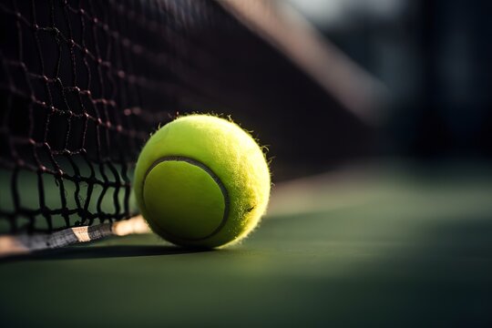 Detail view of bright yellow tennis ball on hard tennis court near tennis net closeup.