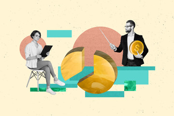 Creative trend collage of young female sit chair entrepreneur pointer trainer teacher employee diagram graph geometrical figures