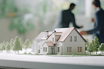 A model house with people in the background, showcasing the real estate industry
