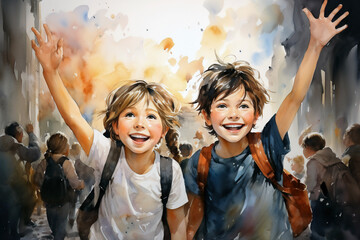 Digital painting of a boy and girl having fun at a school.